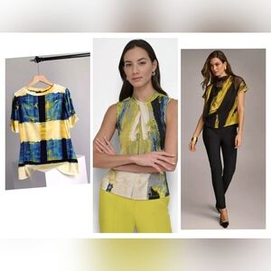 DKNY Yellow and Blue Short Sleeve Top